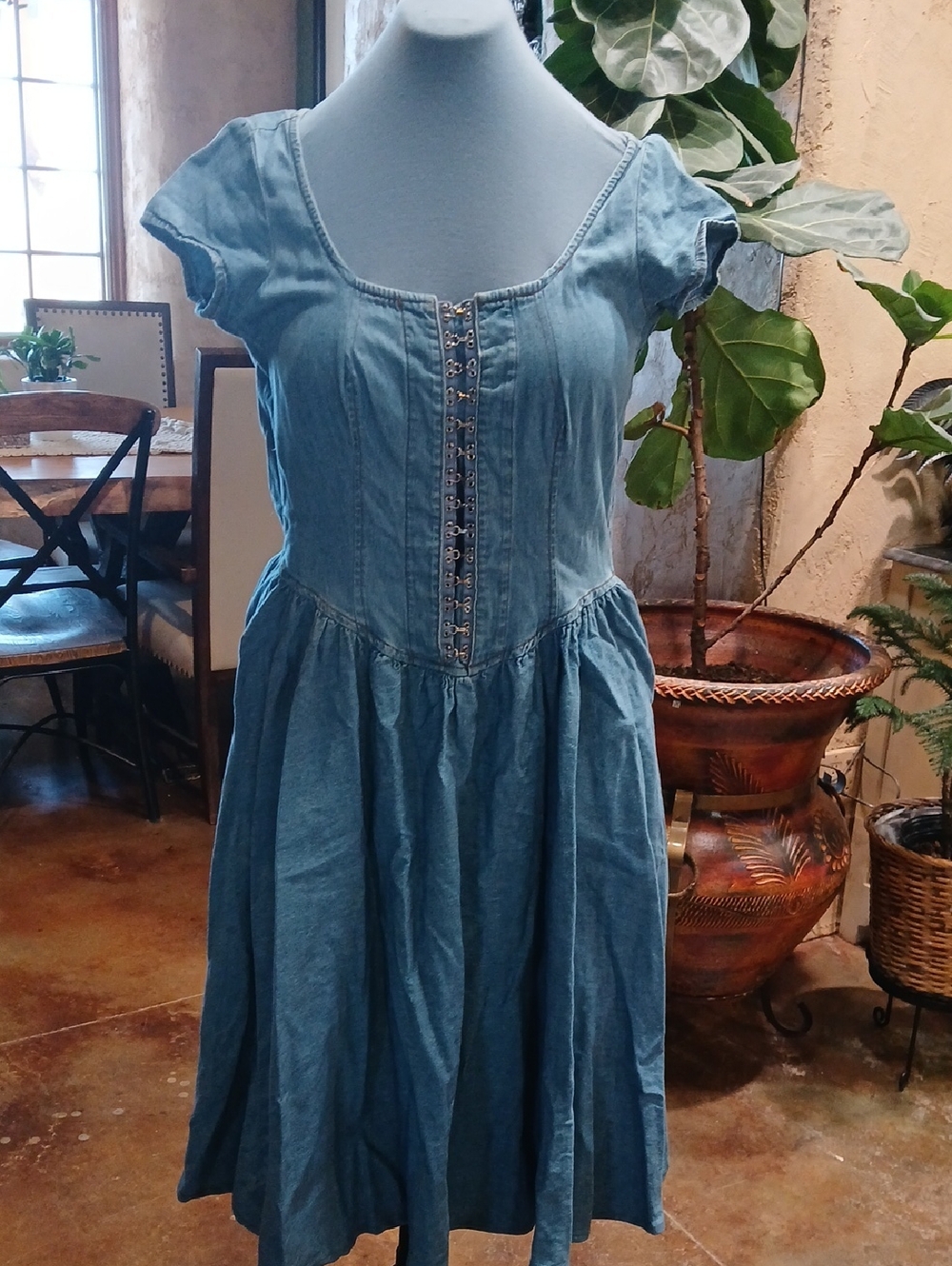 Denim Fit-and-Flare Dress with Corset Style Front Hook Closure